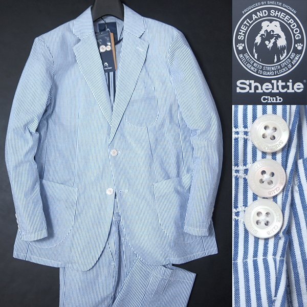 新品 シェルティークラブ 25SS ストライプ シアサッカー セットアップ スーツ LL 青白 【J52779】 Sheltie Club 春夏 メンズ コットン拍卖