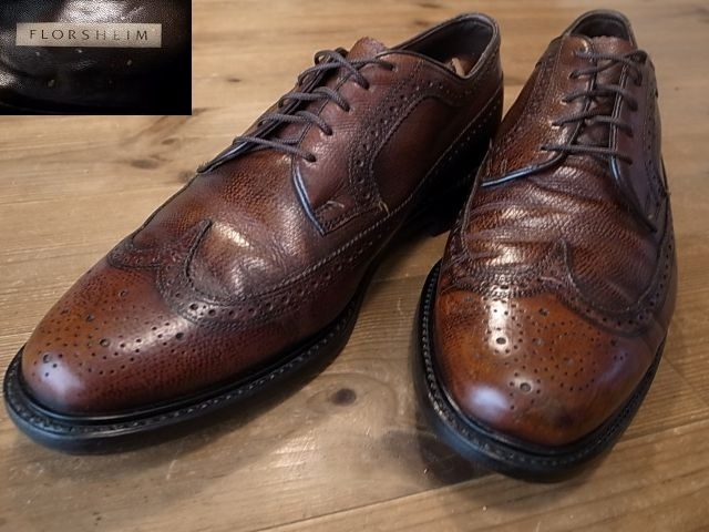 FLORSHEIM フローシャイム 革靴 茶 ロング ウィングチップ メダリオン レザーシューズ USA仕入 サイズ 91/2 EEE 約 27.5㎝拍卖