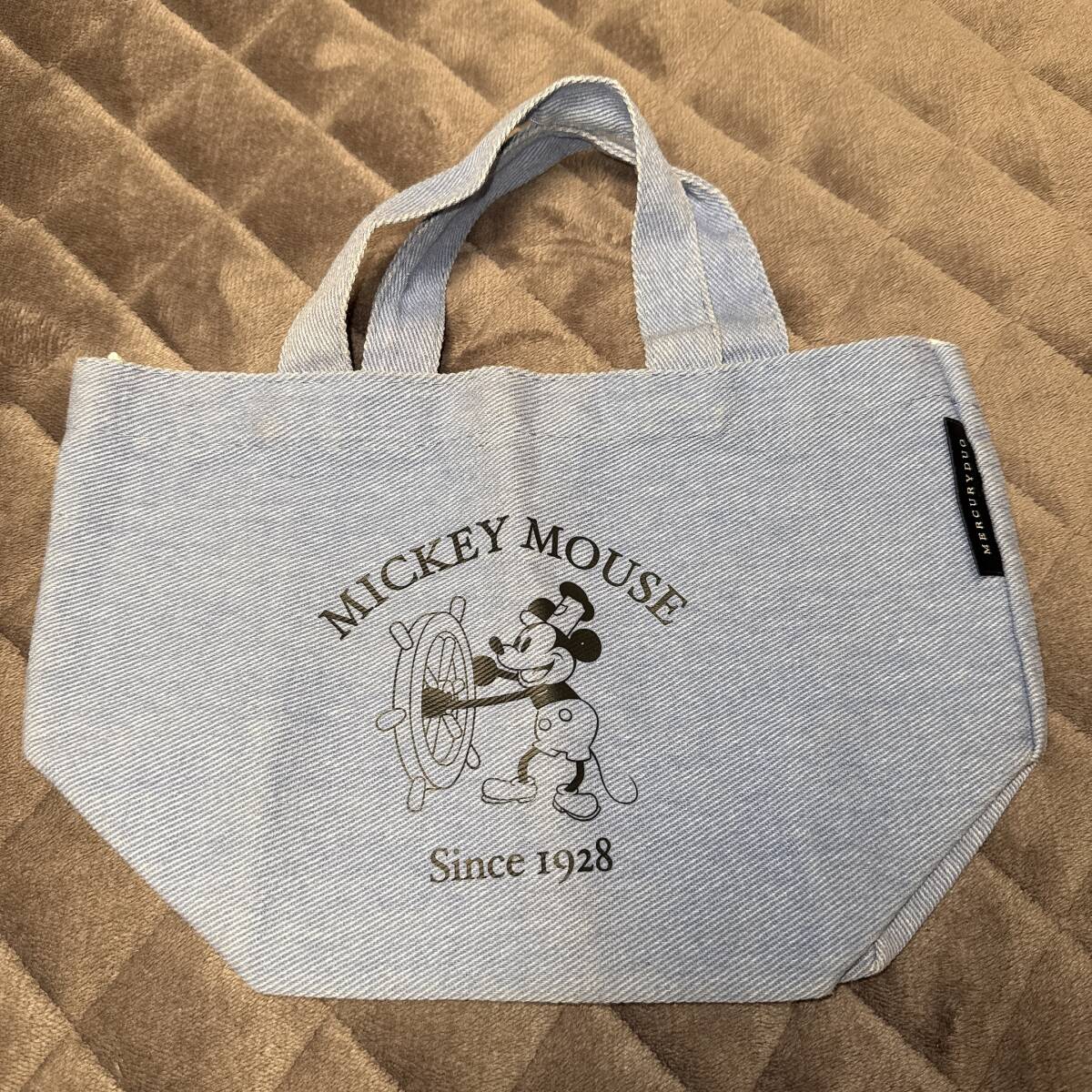 【未使用品】 MERCURYDUO マーキュリーデュオ ミッキーマウス トートバッグ デニム地 ブルー ランチトート ディズニー お出かけ 旅行拍卖