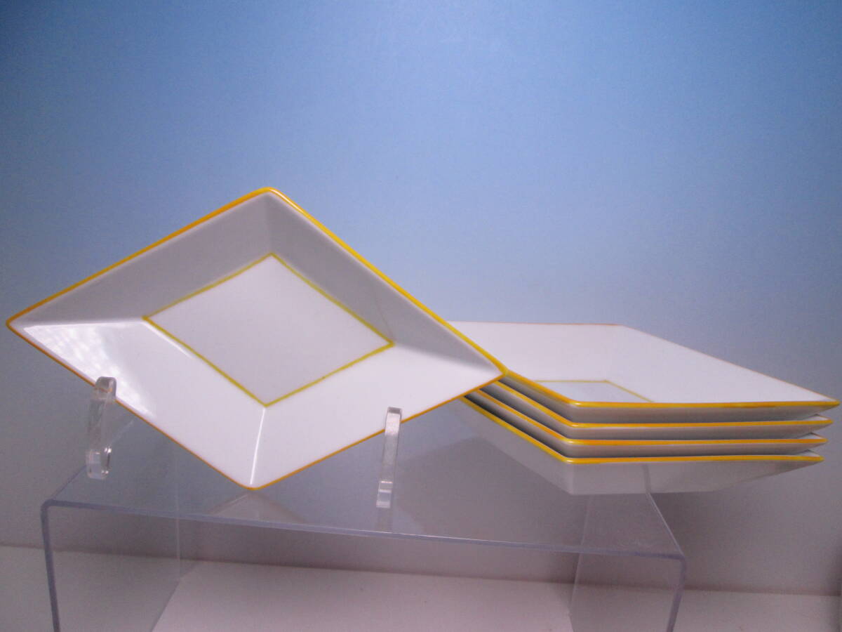 ☆お料理屋さんの器 春作 黄色ライン 菱形向付 五客 小皿/茶懐石/割烹/日本料理拍卖