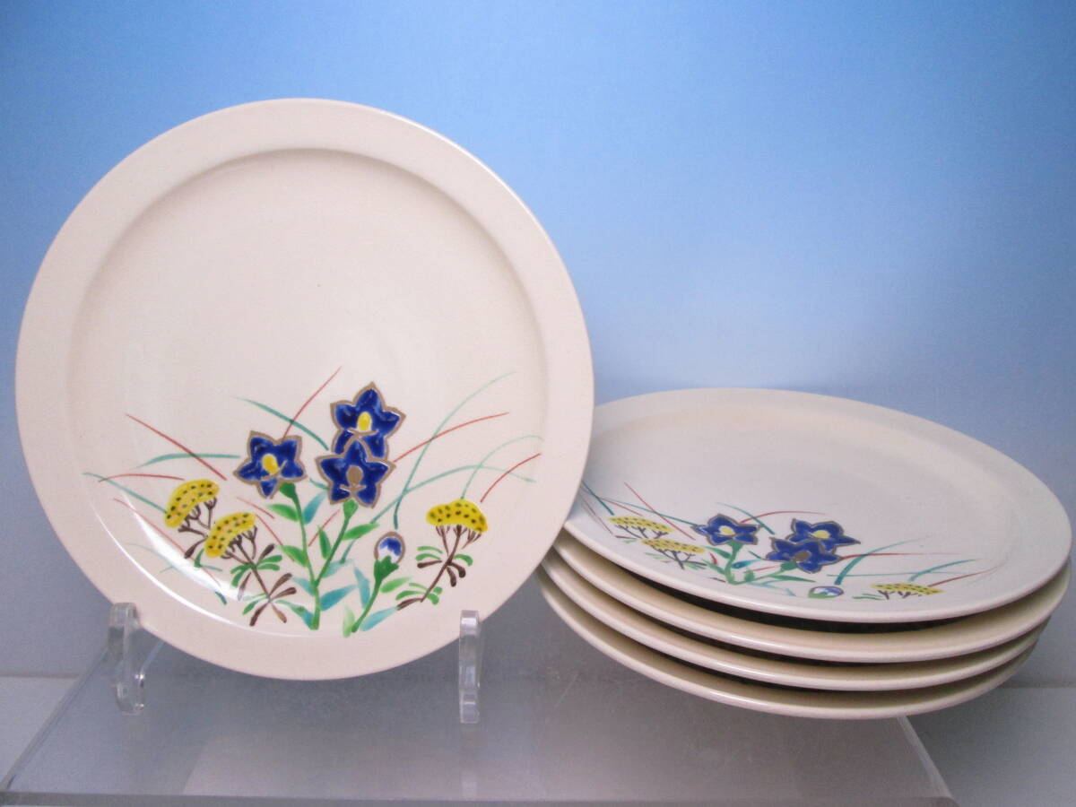 ☆お料理屋さんの器 嘉豊 色絵金彩 桔梗撫子秋草図 17cm 皿 五客 茶懐石/割烹/日本料理拍卖