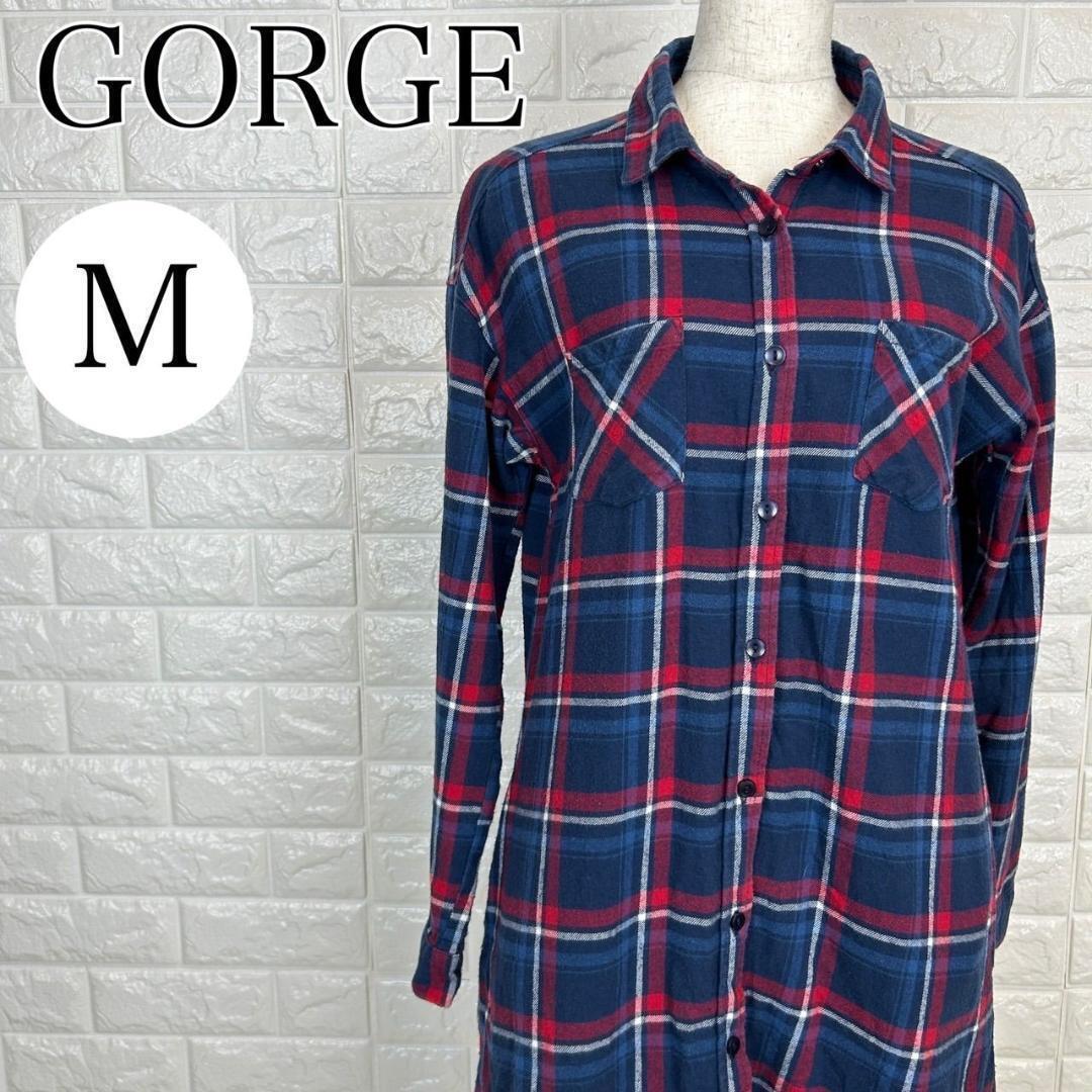 【AA1283】 ゴージ GORGE M ロングチェックシャツ ネイビー 綿100% 秋冬 カジュアル 長袖 レギュラーカラー ネル素材拍卖