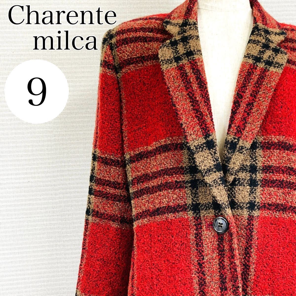 【A4072】 Charente milca シャラントミルカ 9号 テーラード ジャケット アウター レッド系 チェック 長袖 レディース 1つボタン ミドル丈 拍卖