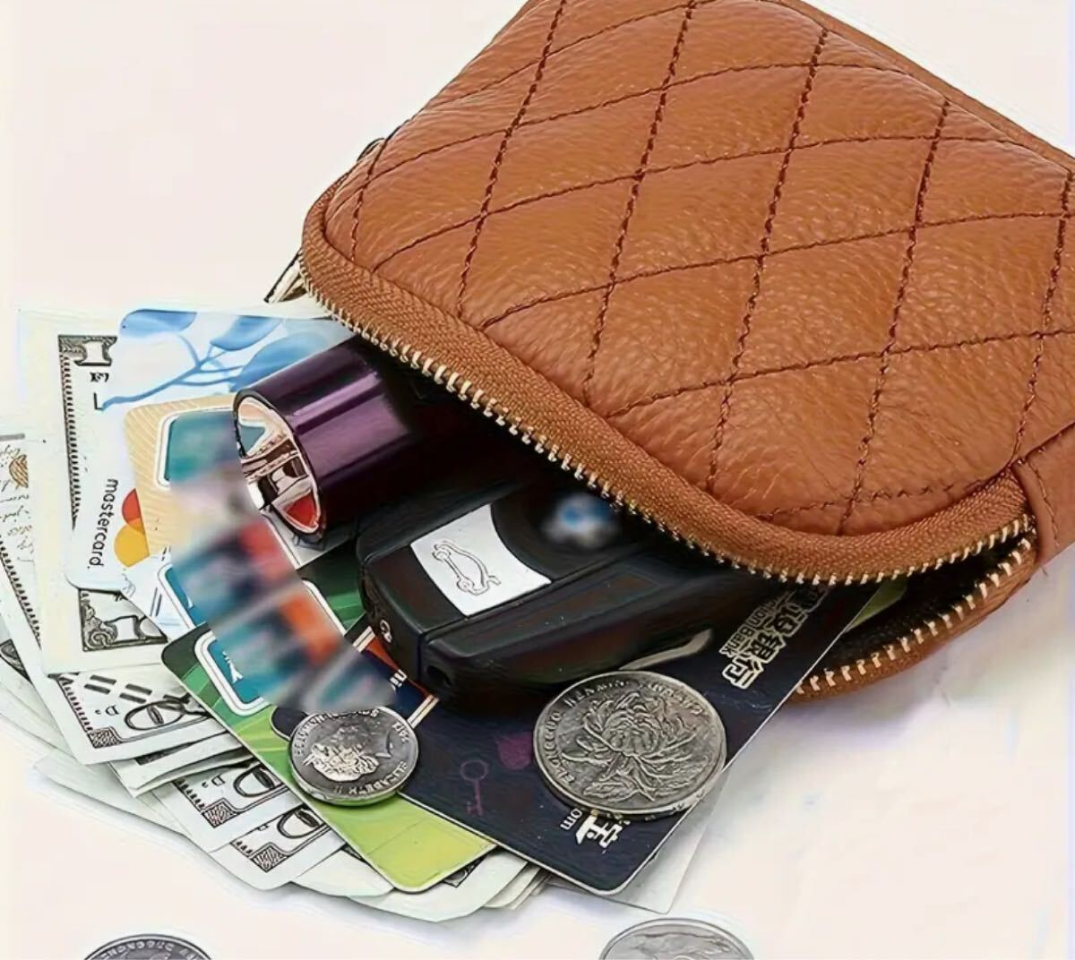 コインケース ミニポーチ キーチェーン付き ミニクラッチ コスメポーチ ブラウン拍卖