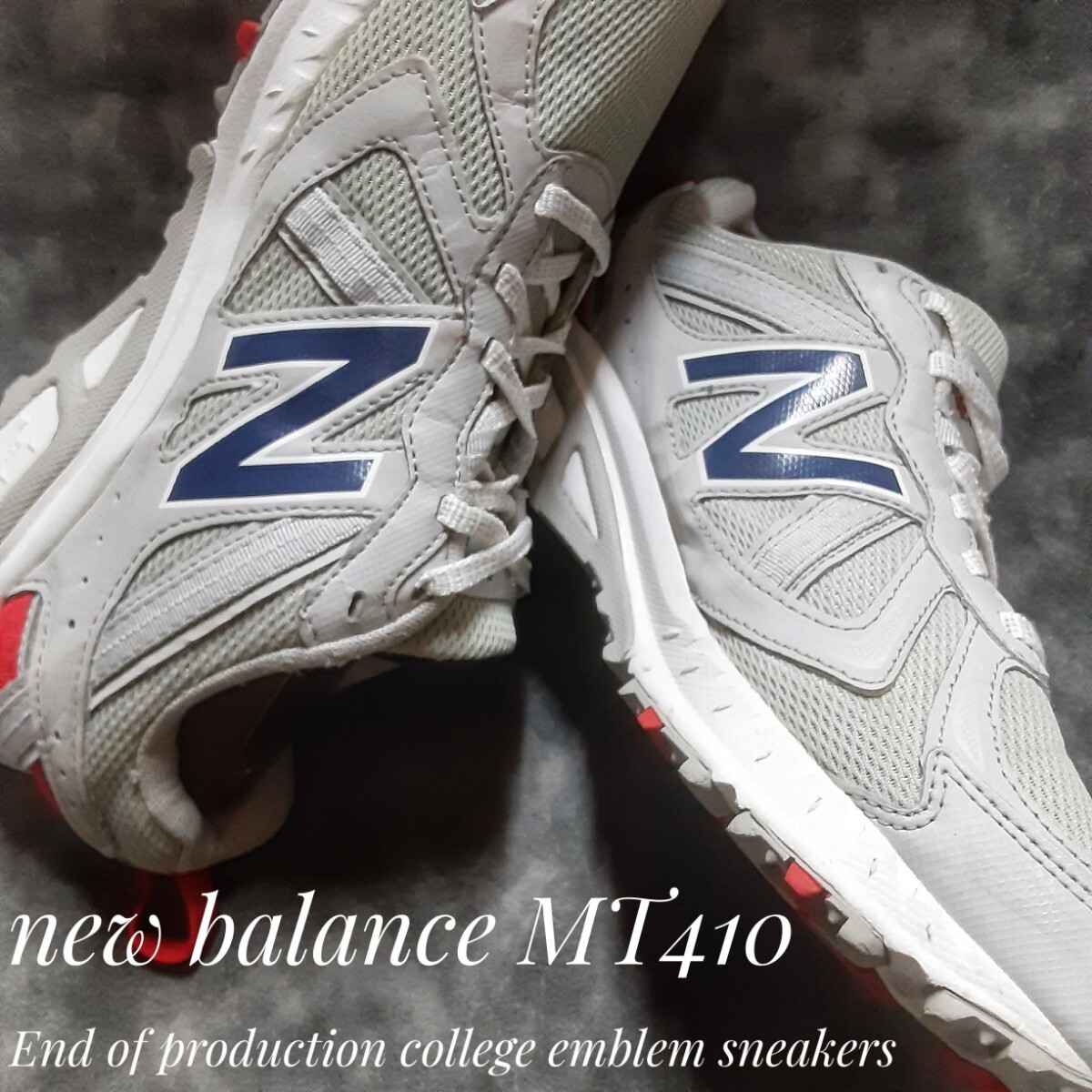 最値!定8795円!生産終了!カレッジエンブレム!復刻オールドトレイル!ニューバランス MT410高級厚底 スニーカー!グレー!灰色紺色白 希少25cm拍卖