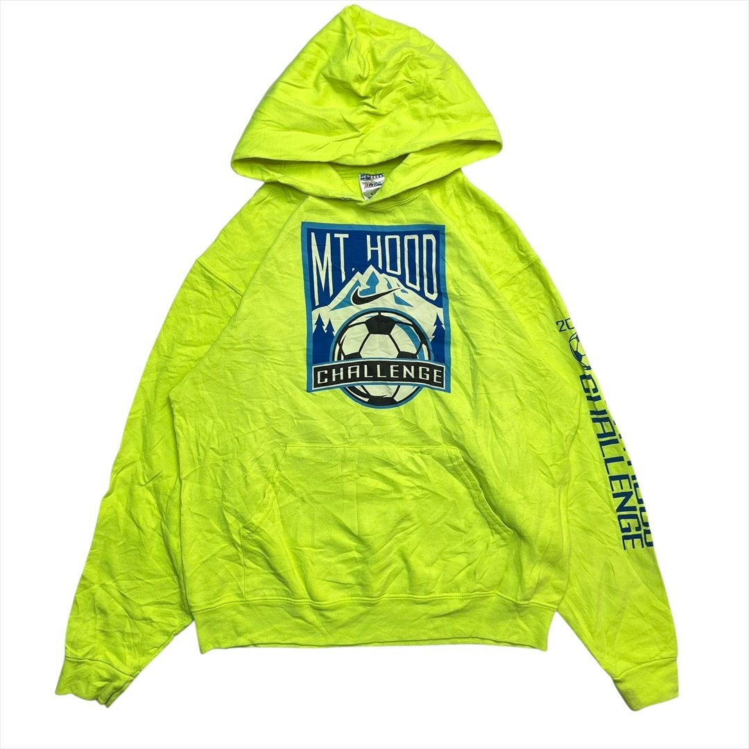 Vintage JERZEES ジャージーズ MT HOOD CHALLENGE #17 ロゴ スウェット パーカー グリーン 古着 メンズ M 蛍光 プルオーバー ヴィンテージ拍卖