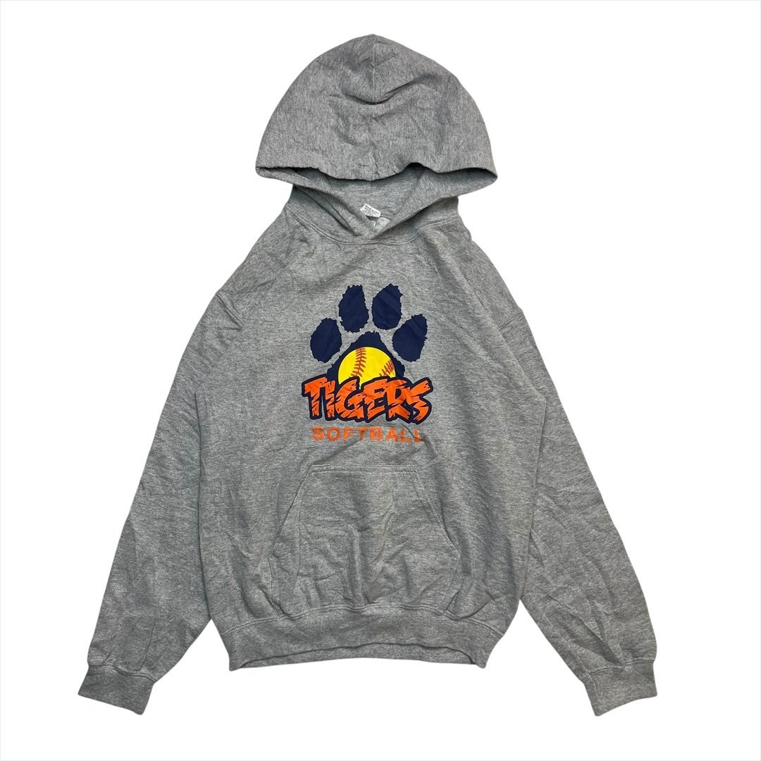 Vintage 00s GILDAN ギルダン SOFTBALL TIGERS BUCHANAN#5 ロゴ スウェット パーカー グレー 古着 レディース S オーバーサイズ ビンテージ拍卖