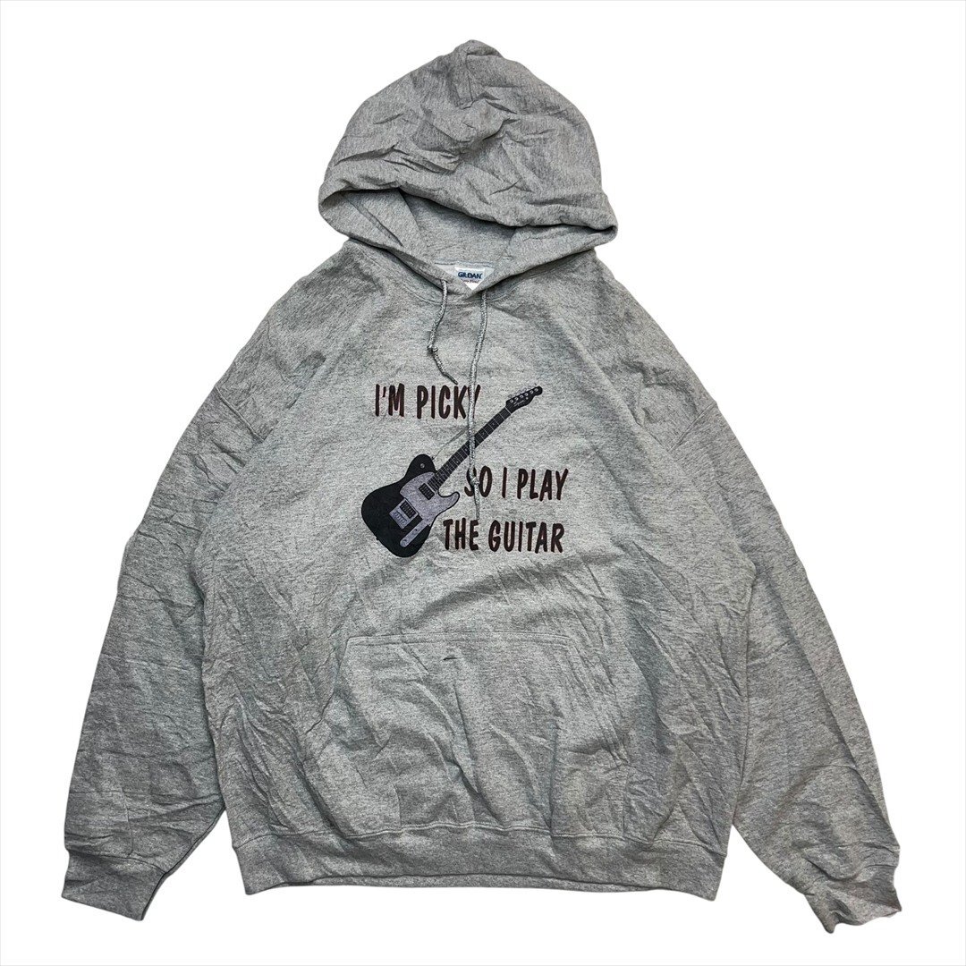 Vintage 90s-00s GILDAN I'M PICKIN' SO I PLAY THE GUITAR ロゴ スウェット パーカー グレー 古着 メンズ XL ビッグサイズ ビンテージ拍卖