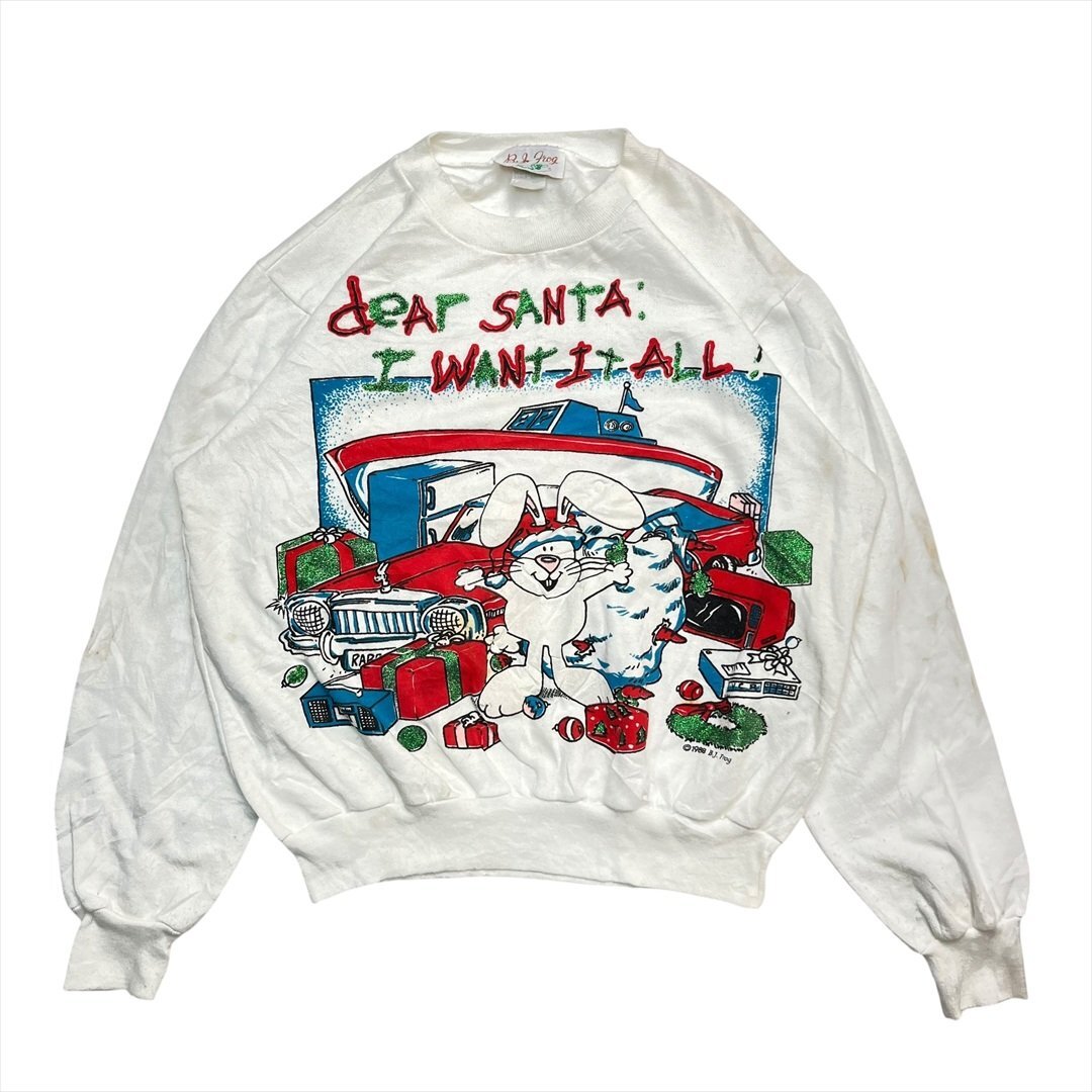 Vintage 80s B.J. Frog うさぎさん クリスマス プリント スウェット トレーナー ホワイト 古着 レディース M USA製 イラスト ビンテージ拍卖