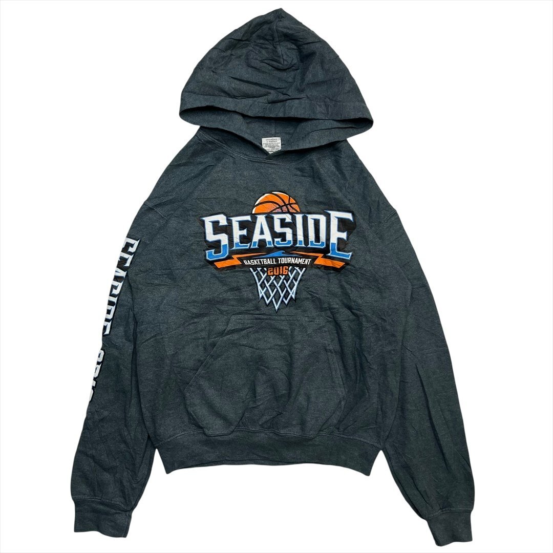 Vintage GILDAN ギルダン SEASIDE BASKETBALL TOURNAMENT 2016 ロゴ スウェット パーカー グレー 古着 メンズ S 裏起毛 バスケ ビンテージ拍卖