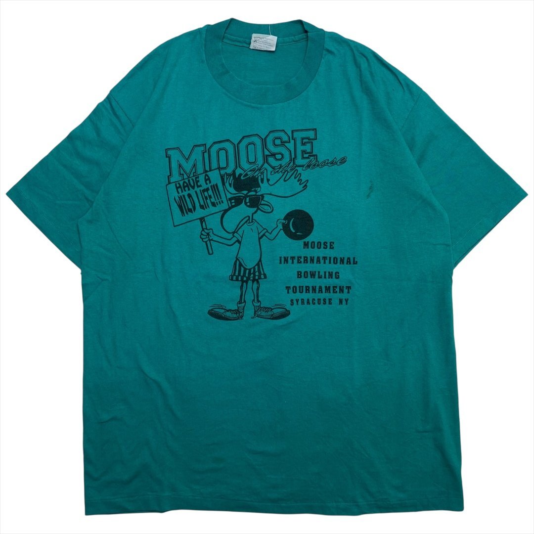 Vintage 80s-90s Hanes ヘインズ ムース × ポウリング プリント Tシャツ 半袖 グリーン 古着 メンズ XL エメラルド USA製 ヴィンテージ拍卖