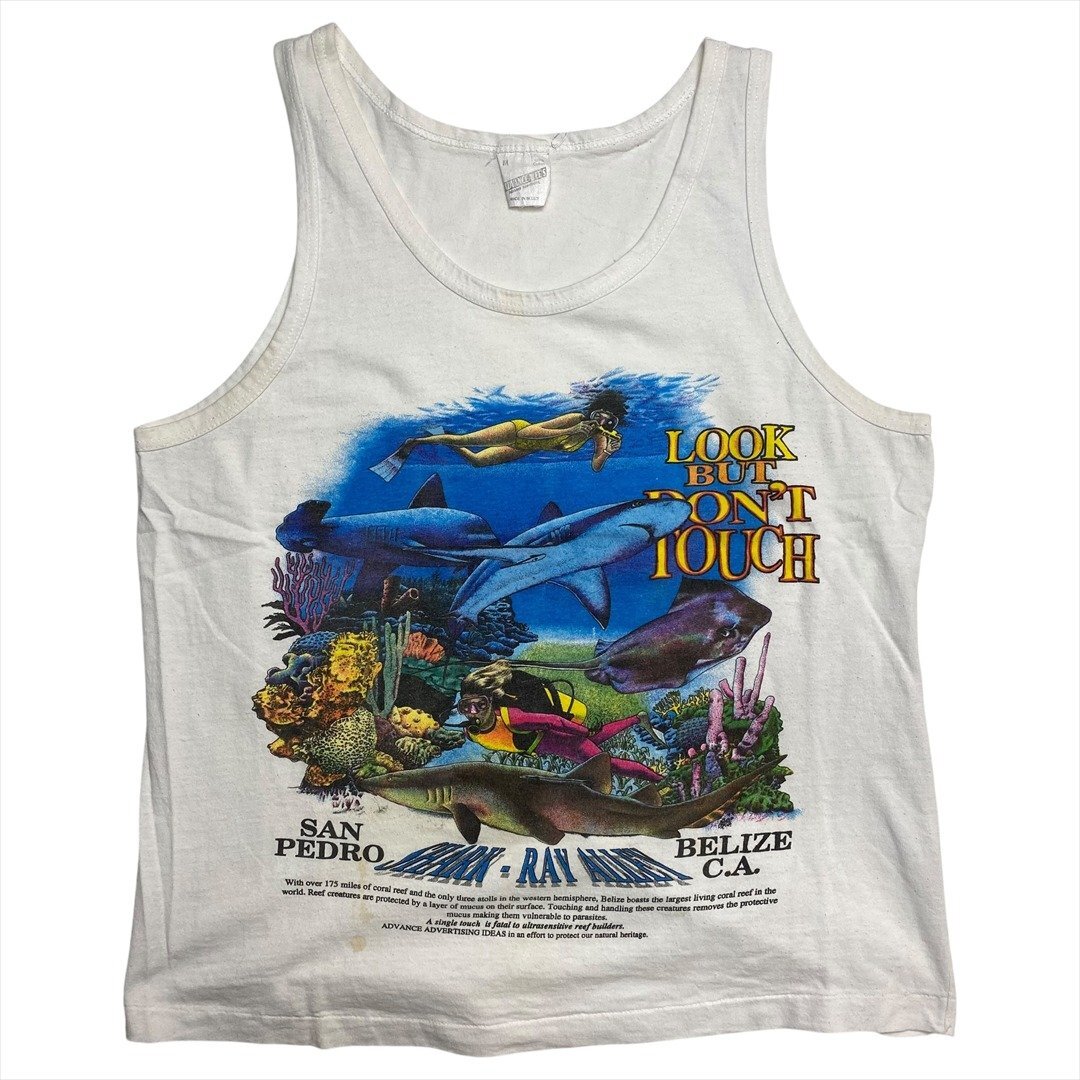 Vintage ADVANCE WEE'S LOOK BUT DON'T TOUCH Shark Ray Alley タンクトップ ホワイト 古着 メンズ M ダイビング ヴィンテージ ビンテージ拍卖