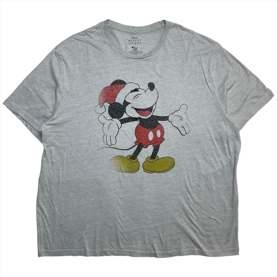 Vintage ディズニー ミッキーマウス スマイル サンタ Tシャツ 半袖 グレー Disney 古着 メンズ XXL ビッグサイズ キャラクター ビンテージ拍卖