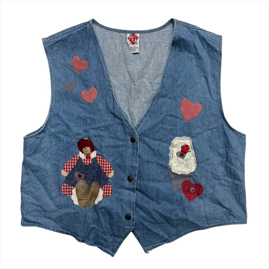 Vintage KG アップリケ ハート レース 刺繍 ヴィンテージ ベスト ブルー 古着 レディース FREE ハンドメイド ワッペン ビンテージ拍卖