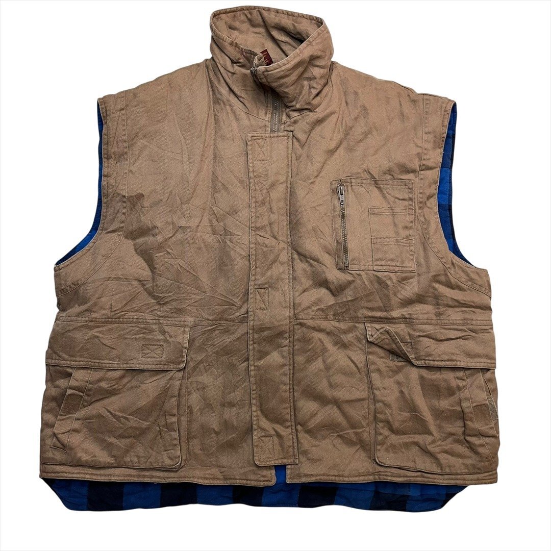 Vintage 80s BRANDED LION フルジップ ダック地 アウトドア ベスト ブラウン 古着 メンズ XL ブロックチェック ライナー ヴィンテージ拍卖