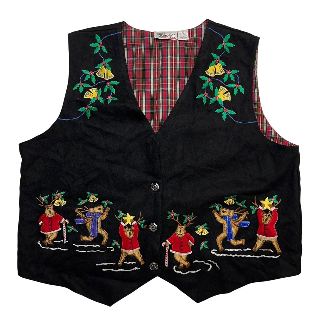 Vintage 90s Laura Daniels ホリデー クリスマス トナカイ 刺繍 ベスト ブラック 古着 レディース XXL ヴィンテージ ビンテージ拍卖