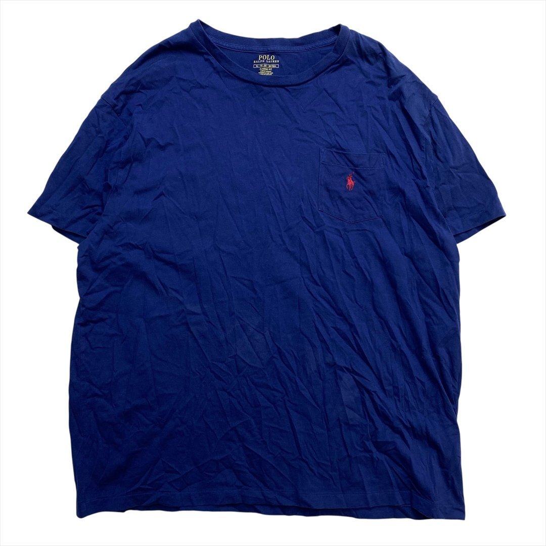 Vintage POLO Ralph Lauren ポロ ラルフローレン ワンポイント 裾刺繍 ロゴ ポケット Tシャツ 半袖 メンズ XL ネイビー 古着 ヴィンテージ拍卖