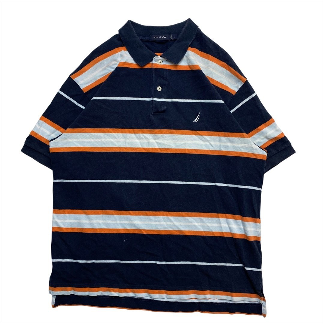Vintage NAUTICA ノーティカ ワンポイント 裾刺繍 ロゴ ボーダー柄 ポロシャツ メンズ L ネイビー 古着 半袖 ノーチカ ヴィンテージ拍卖