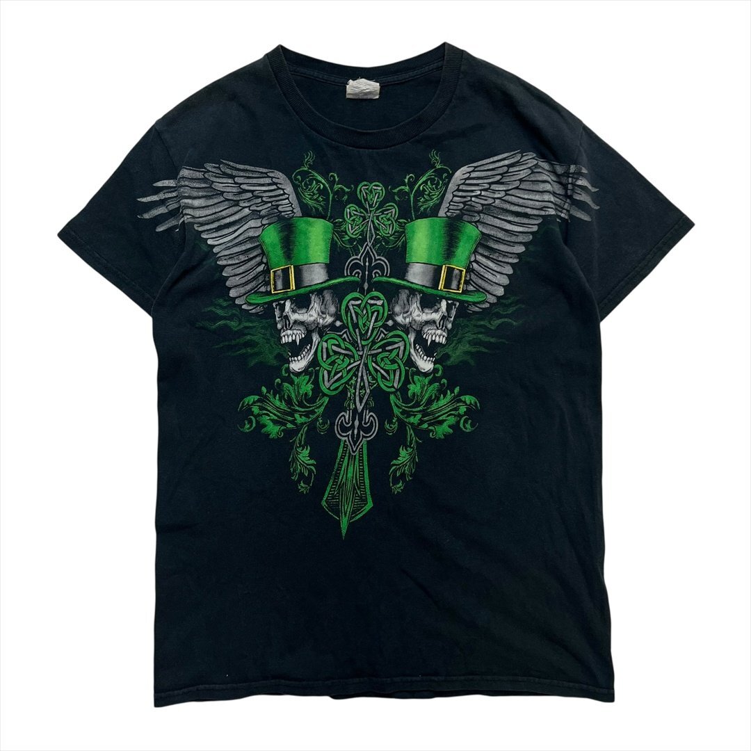 Vintage 00s GILDAN ギルダン グリーン スカル セントパトリックスデー Tシャツ 半袖 メンズ S ブラック 古着 小さめ ヴィンテージ拍卖