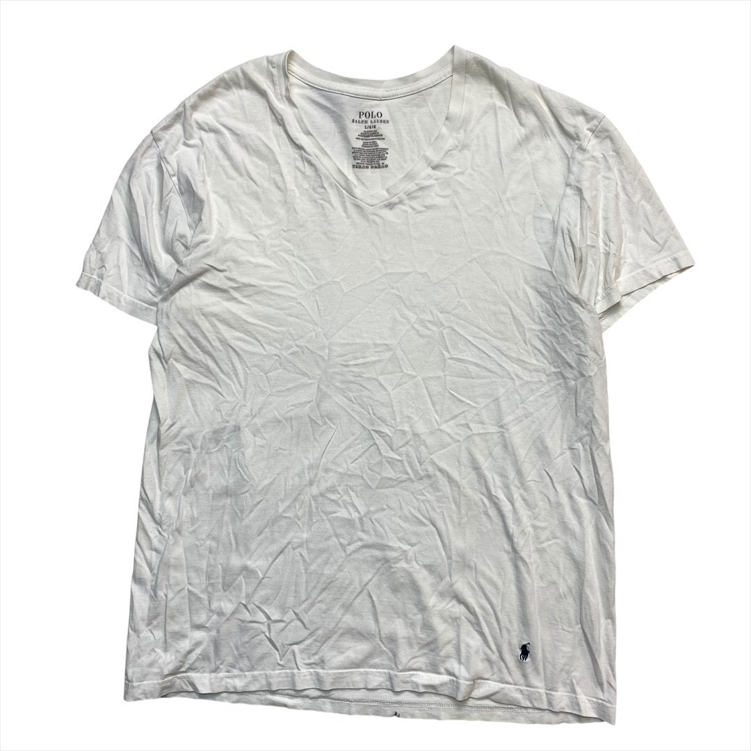 Vintage POLO Ralph Lauren ポロ ラルフローレン ワンポイント 裾刺繍 ロゴ Tシャツ 半袖 メンズ L ホワイト 古着 Vネック ヴィンテージ拍卖