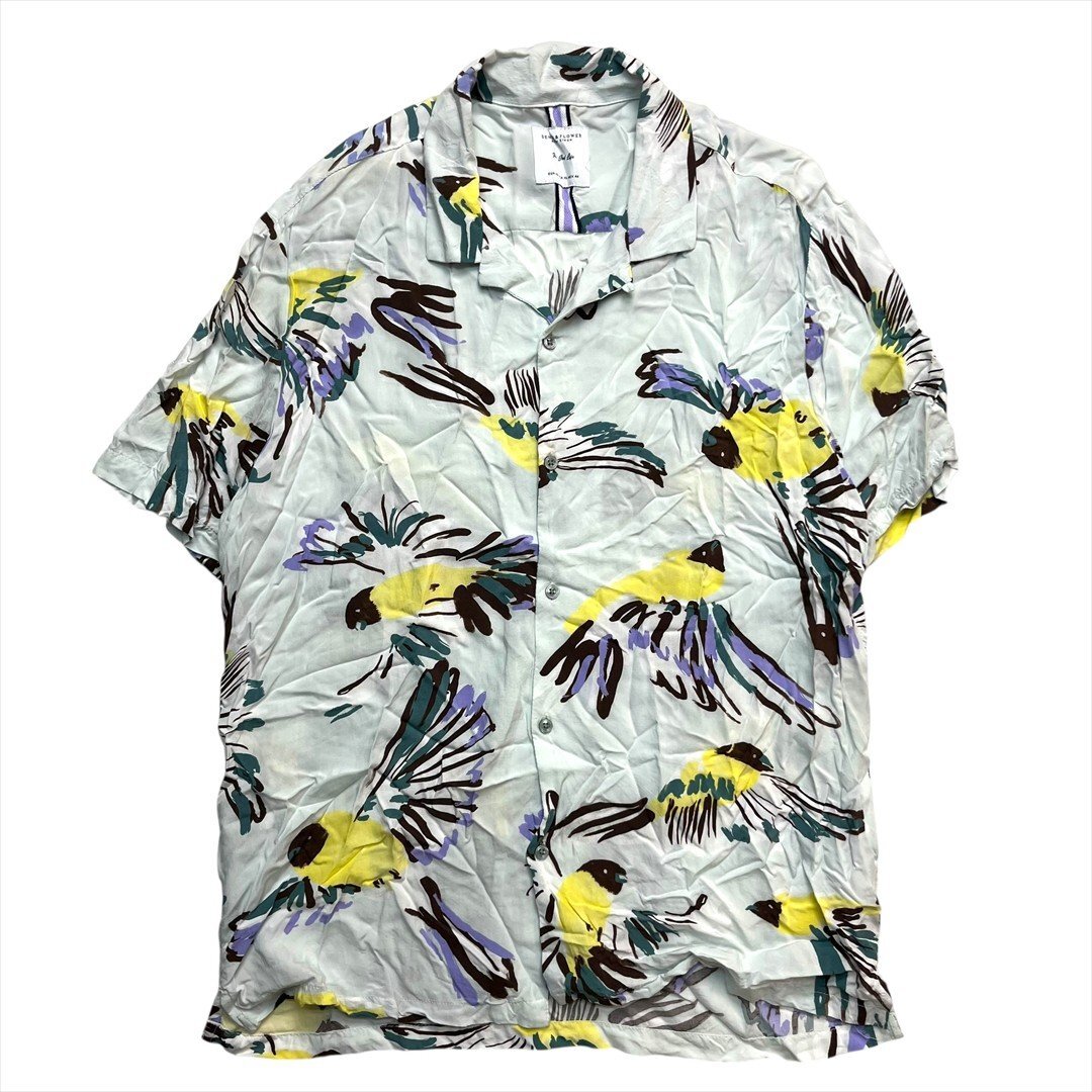 Vintage DENIM & FROWER オープンカラー ハワイアン バード アート シャツ 半袖 メンズ XL 柄 古着 アロハ ビンテージ ヴィンテージ拍卖