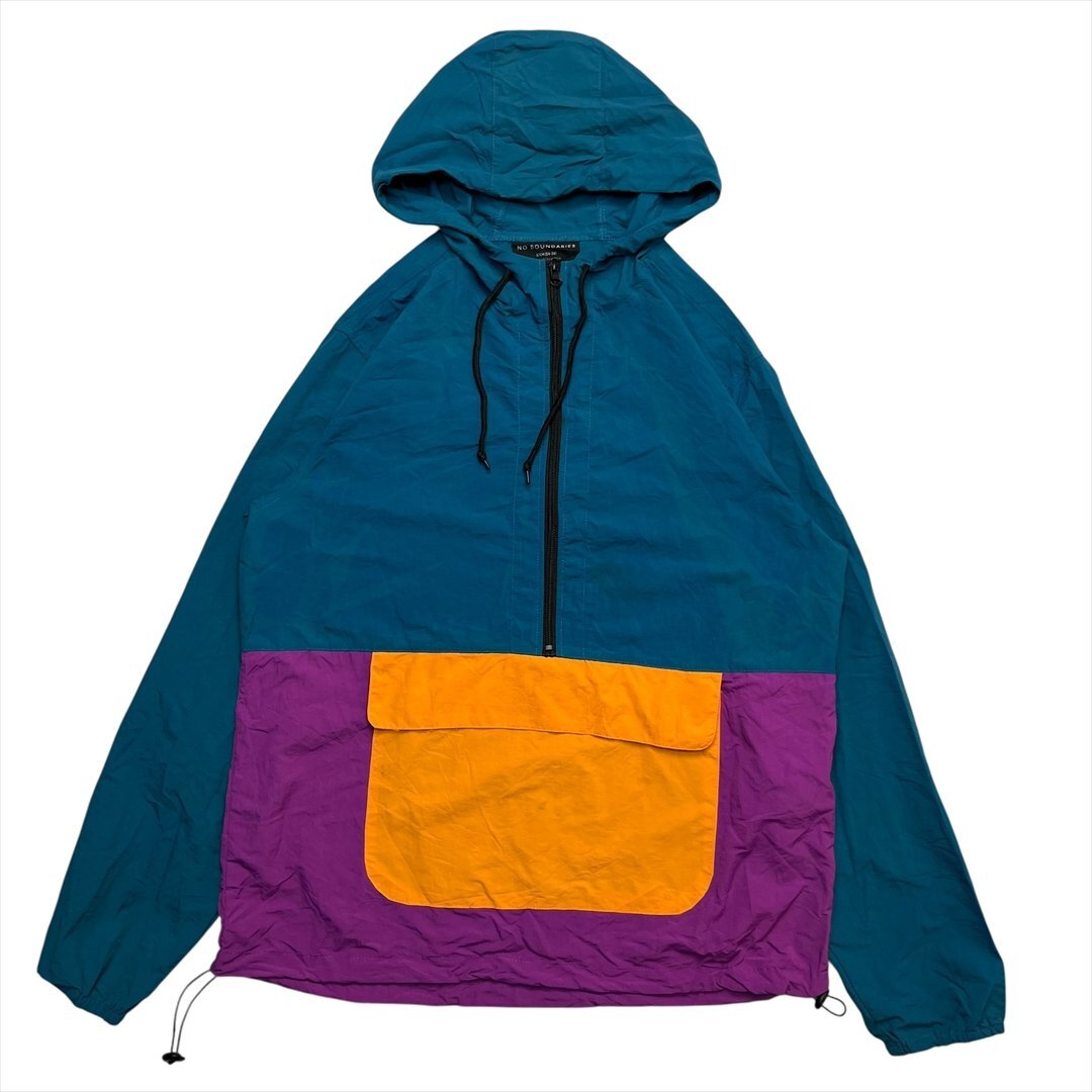 Vintage NO BOUNDARIES マルチカラー ハーフジップ ナイロン アノラック パーカー メンズ S グリーン 古着 ウィンド ウインド ブレーカー拍卖