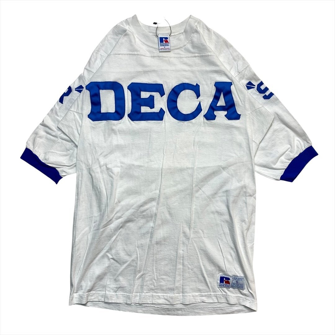 Vintage 90s RUSSELL ラッセル DECA GRANT ワッペン ロゴ リンガー Tシャツ 半袖 メンズ L ホワイト 古着 USA製 ヴィンテージ ビンテージ拍卖