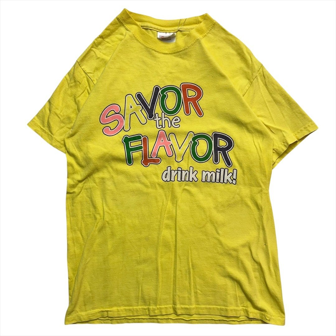 Vintage 90s Hanes ヘインズ SAVOR the FLAVOR drink milk! ロゴ Tシャツ 半袖 メンズ S イエロー 古着 ヴィンテージ ビンテージ拍卖