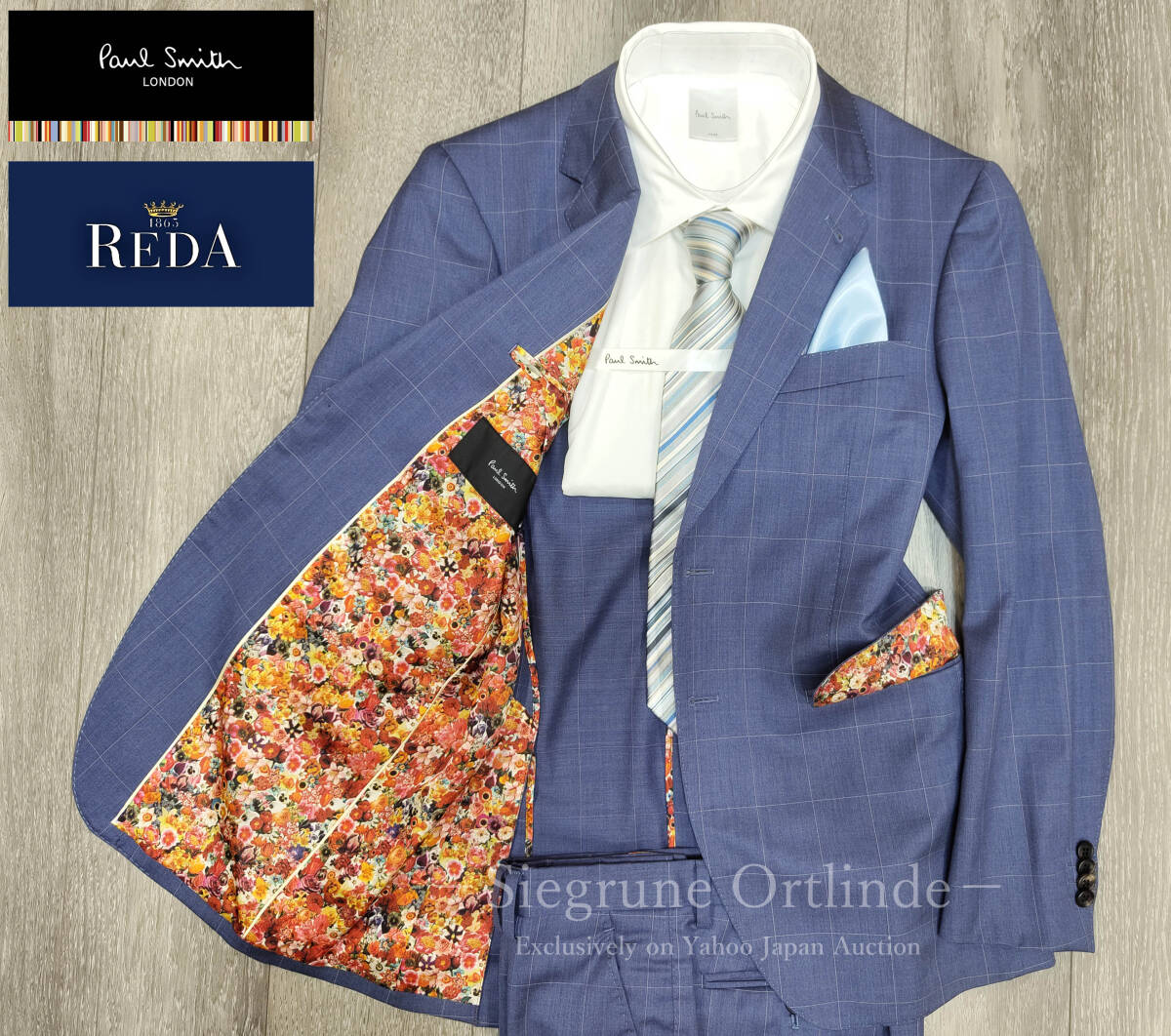 【美品】ポールスミス×REDA 花柄裏地 夏物薄手生地 微光沢ライトブルーウィンドペン柄 スーツ 90-78-170 (Mサイズ) Paul Smith拍卖