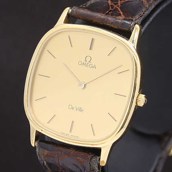 1円 稼働 良品 オメガ デビル QZ ゴールド文字盤 メンズ腕時計 0056100 7RKT REI KTS拍卖