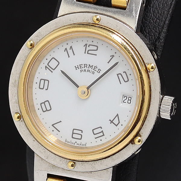 1円 保付 稼働 エルメス クリッパー デイト QZ ホワイト文字盤 レディース腕時計 0970200 6BGT KMR拍卖