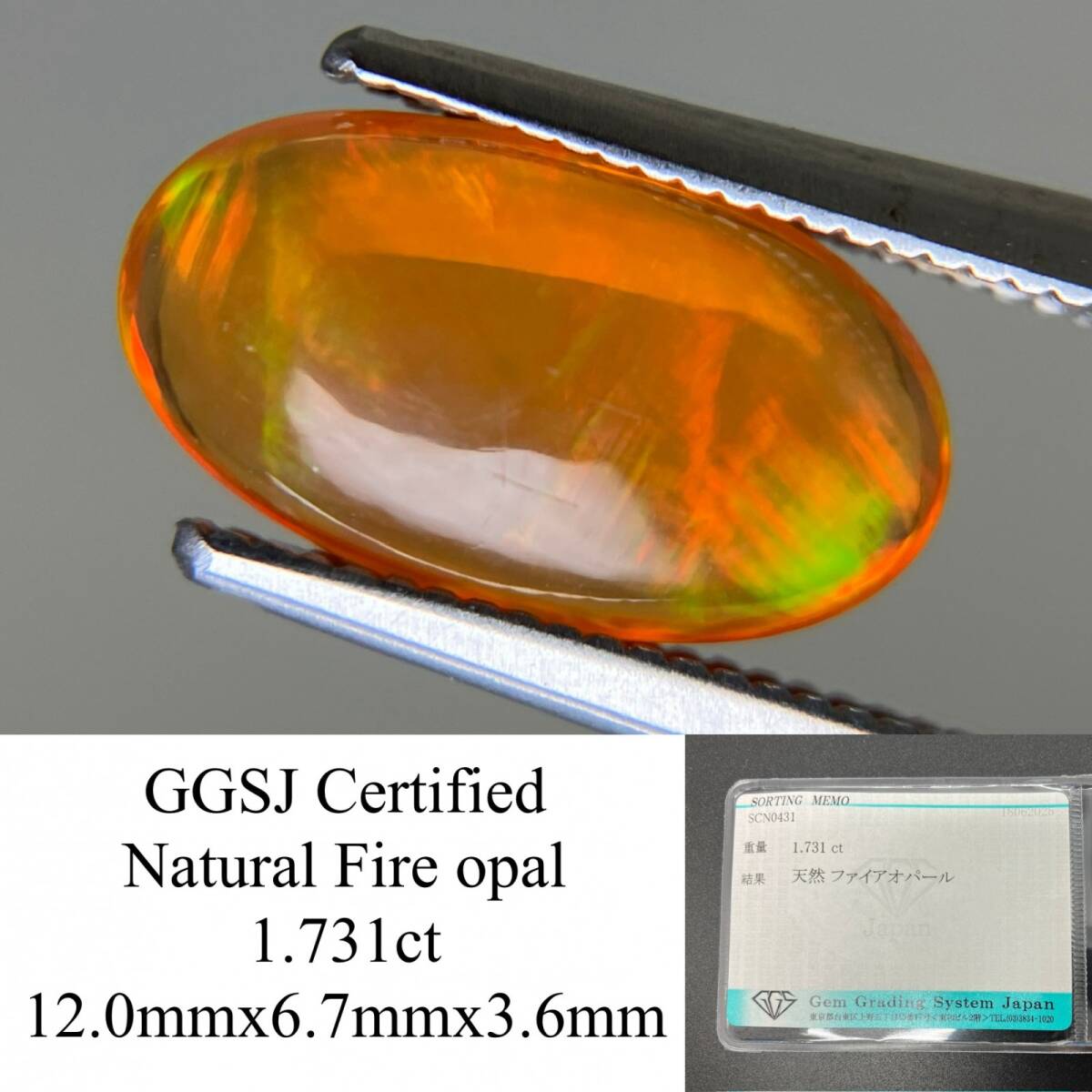 ファイアオパール 天然 1.731ct 宝石ソーティング付き 12.0×6.7×3.6 天然 ルース( 裸石 ) 5541YY拍卖