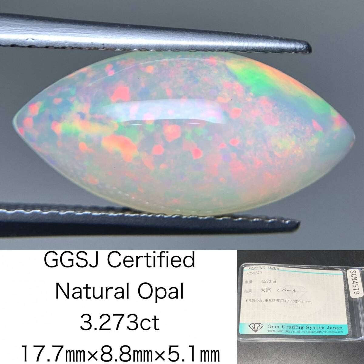 オパール 天然 3.273ct 宝石ソーティング付き 17.7×8.8×5.1 ルース( 裸石 ) 6174Y拍卖