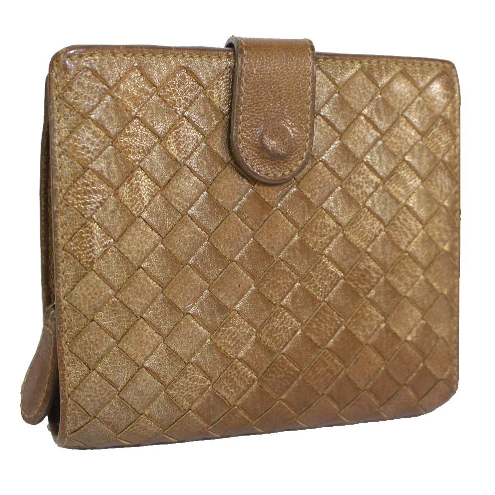 ボッテガヴェネタ イントレチャート 二つ折り財布 ユニセックス 型押しレザー ゴールド ブラウン系 114073 中古 BOTTEGAVENETA拍卖