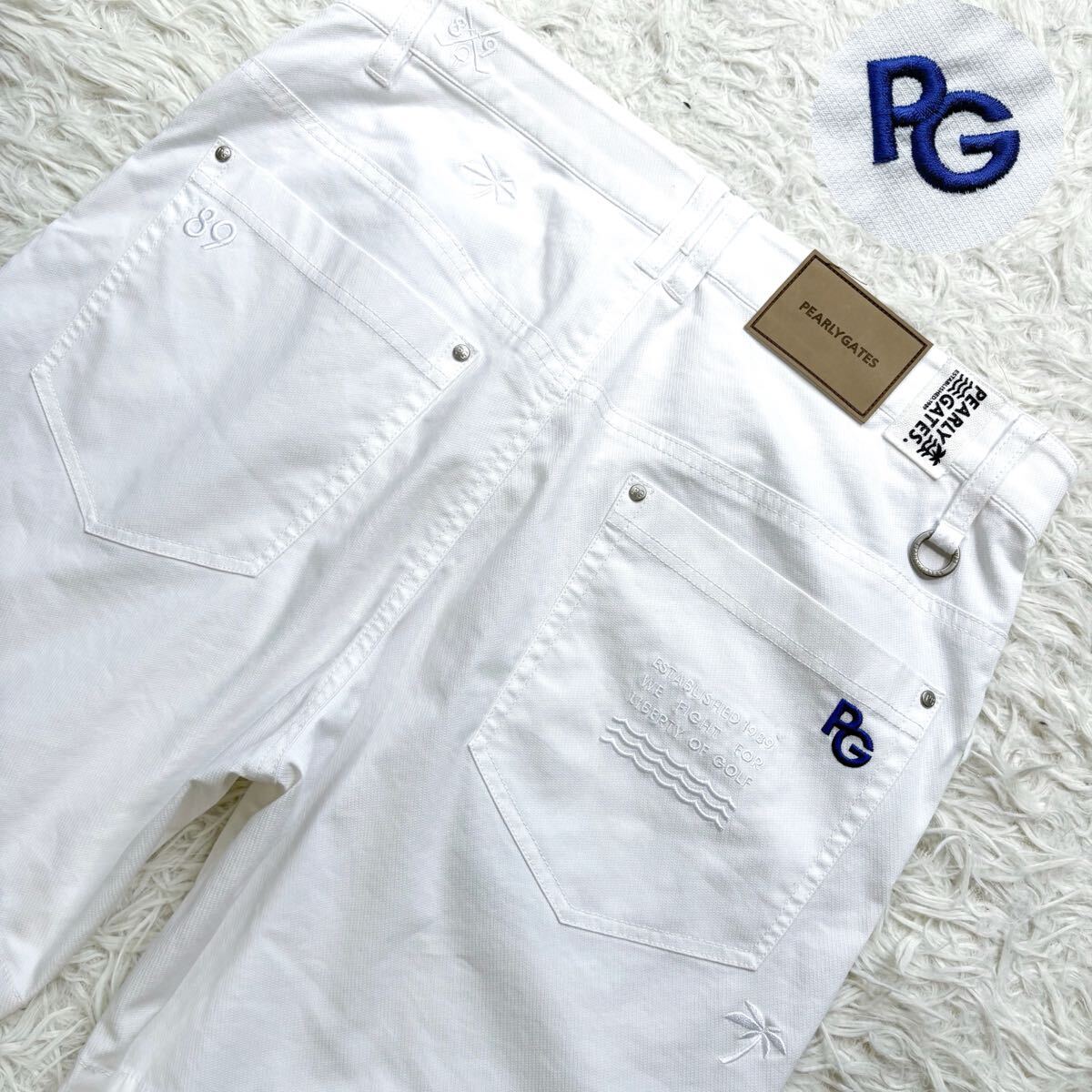 【極美品 近年モデル】PEARLY GATES ショートパンツ ロゴ ヤシの木 ドビー ストレッチ 速乾 パーリーゲイツ メンズ ゴルフ ホワイト 4 M拍卖