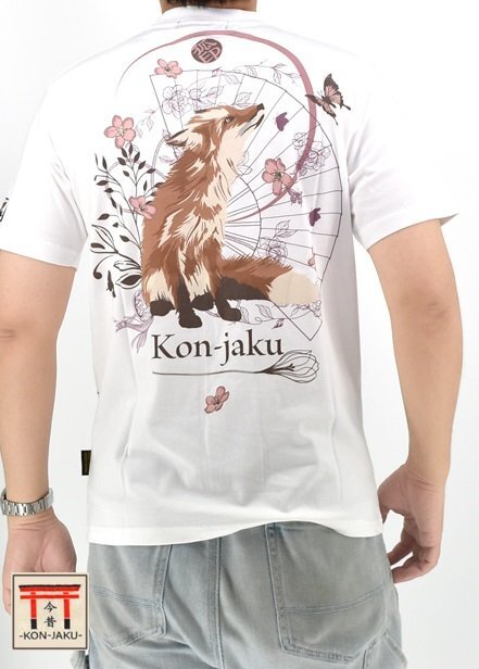 檸檬の花の咲くころ半袖Tシャツ◆今昔 ホワイト Lサイズ KJ-29259 和柄 和風 狐 きつね キツネ こんじゃく拍卖