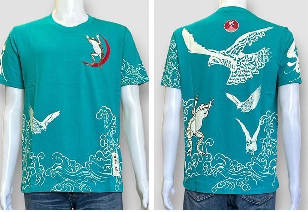鷹波蛙半袖Tシャツ◆参丸一 ブルー Lサイズ SM-50068 和柄 和風 さんまるいち カエル かえる拍卖