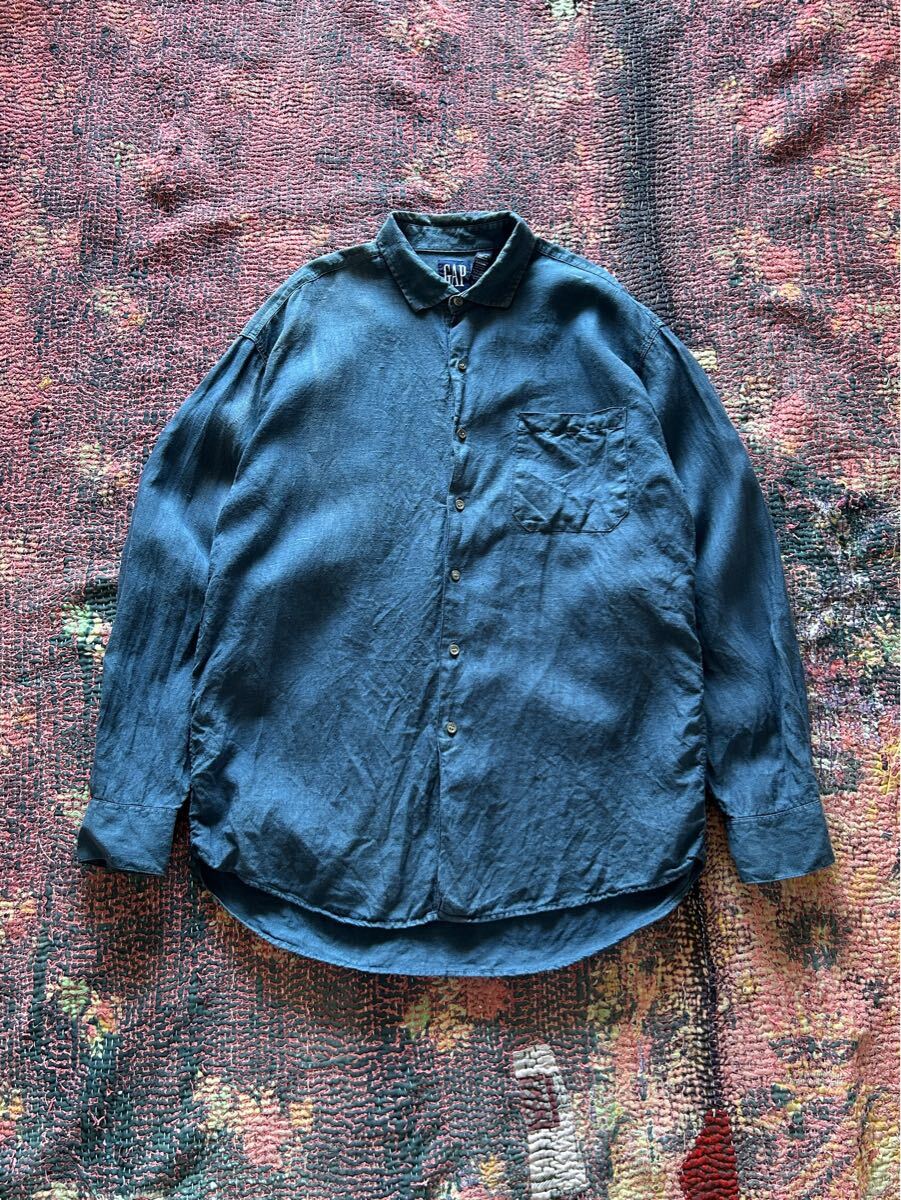 SUN-FADED GAP NAVY LINEN SHIRT オールド ギャップ ポルトガル製 リネンシャツ L サンフェード ネイビー 古着拍卖