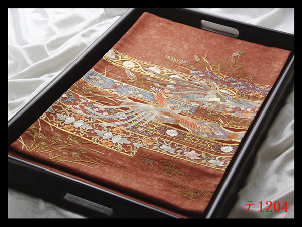蔵【テ1204】西陣逸品 総刺繍 横段唐草花鳥古典紋 赤銅色地 正絹純金糸太鼓柄高級美術袋帯 ◇検◇簪着物名古屋帯和装小物帯締め拍卖