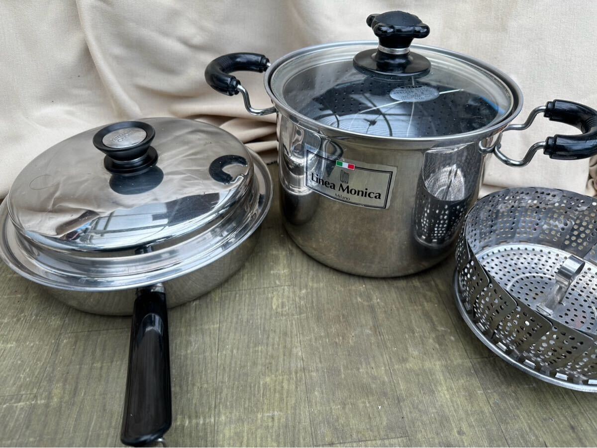 リネアモニカのパスタ鍋、アムウェイクイーンの大フライパンの2点セット 蒸し器、湯切りザル付き拍卖