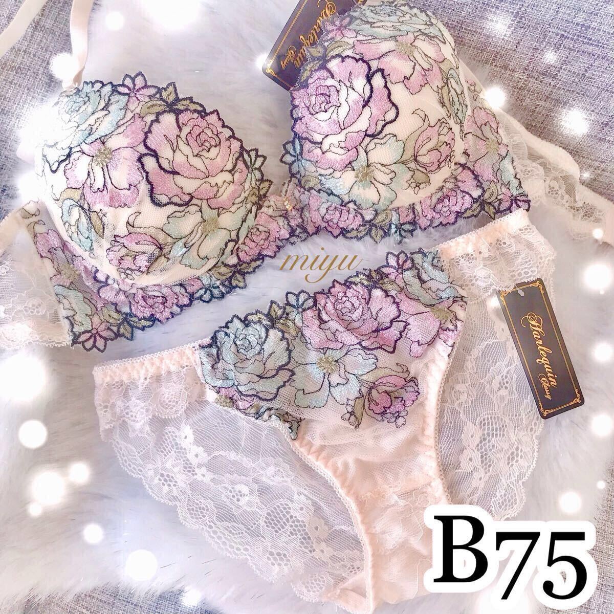 セール★B75M★ラメローズ クリーム色 アイボリー★ブラジャー&ショーツセット★花柄 刺繍 レース Bカップ アンダー75 新品 下着★みゆ拍卖