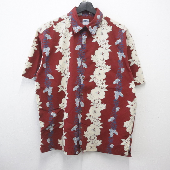 V722 2002年製ビンテージ OLDNAVY オールドネイビー 半袖アロハシャツ■00s 表記Mサイズ 赤 レッド ボーダーパターン コットン拍卖