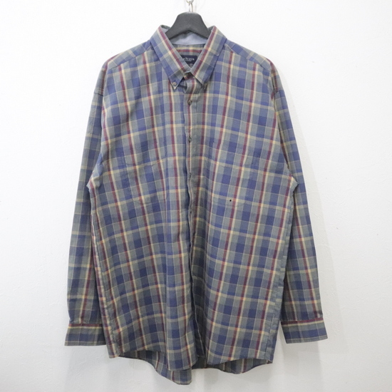 Z489 2000年代製 VANHEUSEN 長袖シャツ■00s 表記Lサイズ ブルー チェック ボタンダウン 古着 アメカジ ストリート 90s 80s 70s 激安 青拍卖