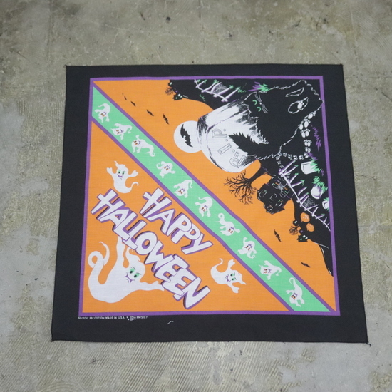 BD177 80sビンテージ バンダナ USA製■1980年代製 オレンジ ハロウィン アニマル ハンカチ 雑貨 小物 アンティーク 古着 激安 アメカジ拍卖