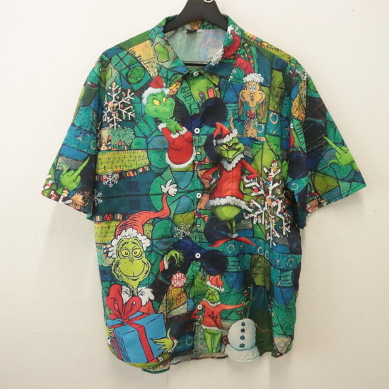 h653 2000年代製 半袖シャツ■00s 表記2XLサイズ グリーン グリンチ スヌーピー ドクタースース 総柄 アメカジ 古着 古着 卸 激安 希少 90s拍卖