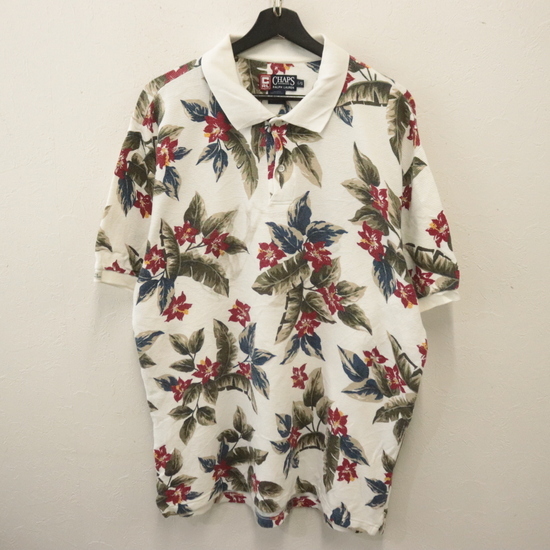 W590 90sビンテージ チャップスラルフ 半袖ポロシャツ■1990年代製 表記Lサイズ 白 ホワイト 花柄 アメカジ ストリート 古着 古着卸 激安拍卖