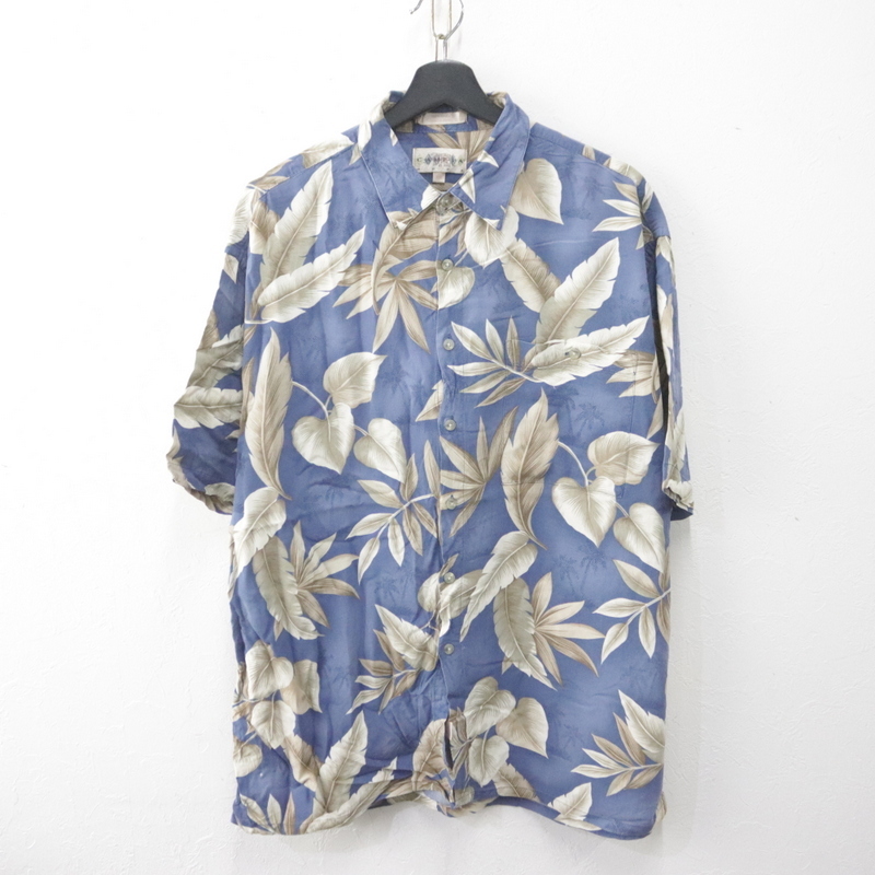 d645 90sビンテージ CAMPIA 半袖プリントTシャツ■1990年代製 表記XLサイズ ブルー アロハ レーヨン アメカジ 古着 激安 希少 古着卸 80s拍卖