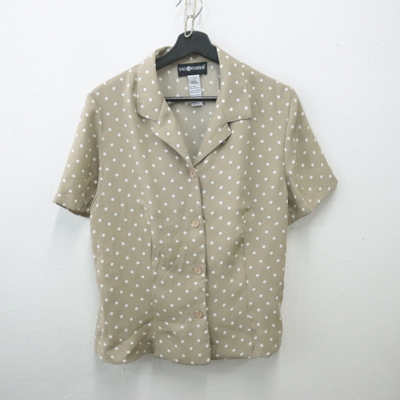 t944 90sビンテージ SAGHARBOR 半袖シャツ■1990年代製 表記Lサイズ レディース ベージュ ドット 水玉 オープンカラー 開襟 アメカジ 00s拍卖