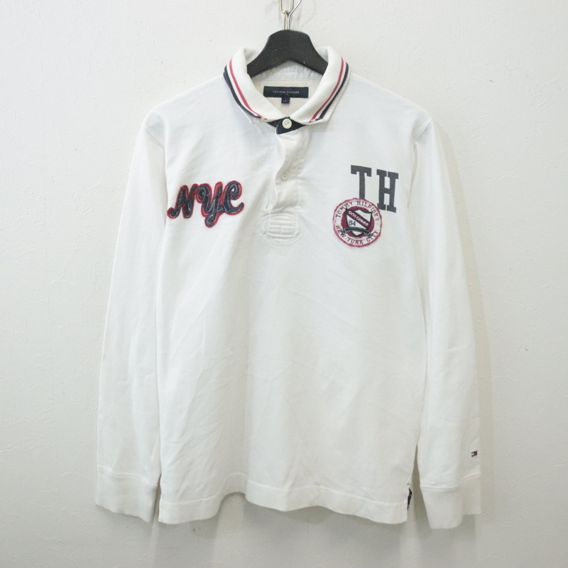 t966 2000年代製 トミーヒルフィガー TOMMYHILFIGER 長袖 ラガーシャツ■00s 表記ボーイズLサイズ 白 ホワイト アメカジ ストリート 90s拍卖
