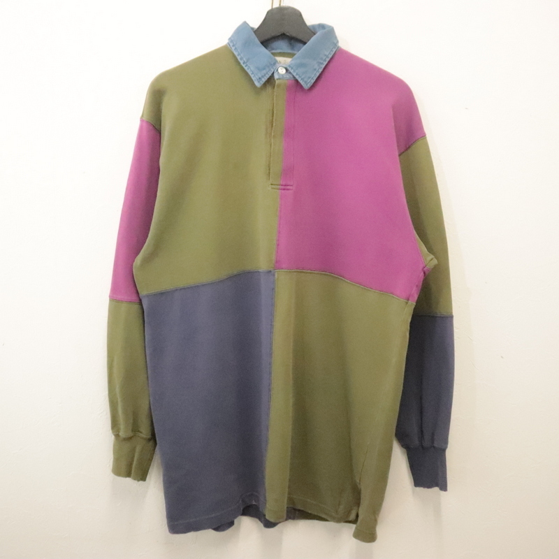 e659 90sビンテージ EAGLEPASS マルチカラー 長袖 ラガーシャツ■1990年代製 表記Mサイズ オリーブ アメカジ ストリート 古着卸 激安 80s拍卖